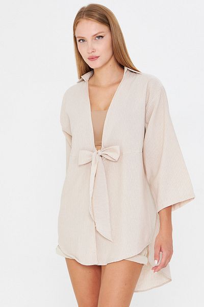 armonika Women's Light Beige Striped Front Tie Kimono Shirt Arm-25Y001085