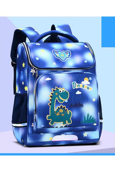 Bonfino School Bag, Dino Theme, Padded Straps, Waterproof Build, Blue - 16 Inches