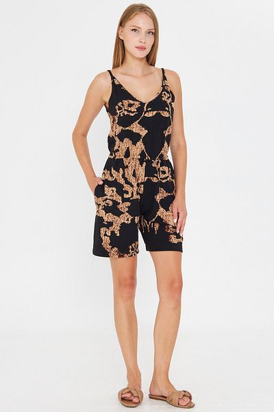 armonika Women's Black-Beige Strap Short Jumpsuit with Elastic Waist and Pockets Arm-25Y001100