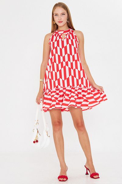 armonika Women's Red Halter Neckline Ruffle Hem Mini Dress Arm-25Y001097