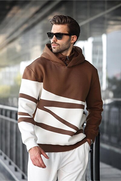 Madmext Кафяво мъжко суитшърт с качулка и цип с десен на яката E7162