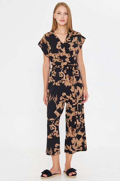 armonika Women's Black-Beige Double Breasted Jumpsuit with Belt Arm-20Y042008