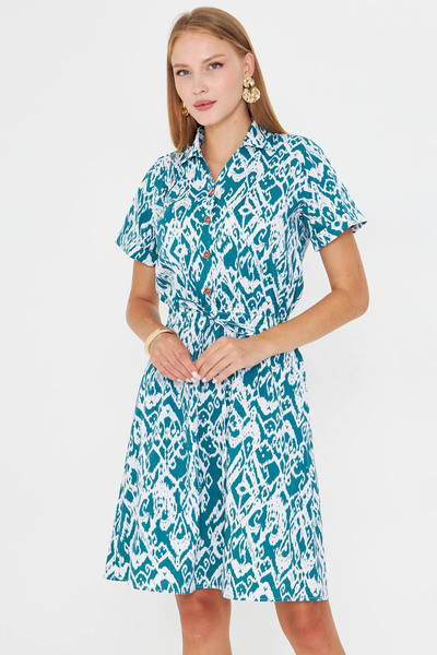 armonika Women's Emerald Elastic Waist Patterned Short Sleeve Shirt Dress Arm-23Y001079