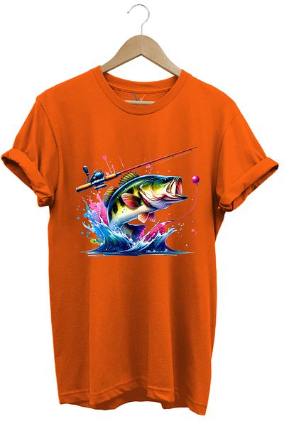 WİDİ Fishing Fishing Colorful Sea Bass Fish Printed Hunting 100% Cotton Regular Fit Unisex T-Shirt