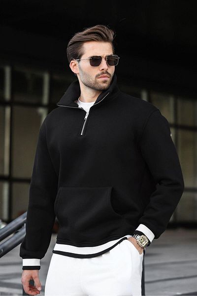 Madmext Black Zippered Stand Collar Kangaroo Pocket Men's Sweatshirt E7159