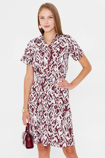 armonika Women's Coffee Elastic Waist Patterned Short Sleeve Shirt Dress Arm-23Y001079