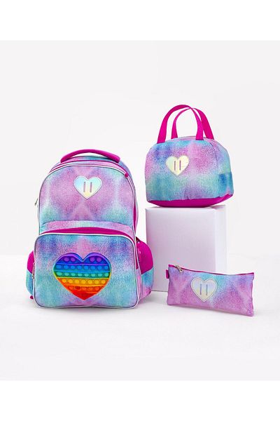 Fab N Funky Heart Themed Backpack with Lunch Bag and Pencil Pouch, Pink and Blue, 3 Pieces - 18 Inches