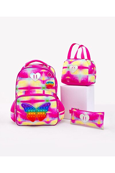 Fab N Funky Butterfly Themed Backpack with Lunch Bag and Pencil Pouch, Pink, 3 Pieces - 18 Inches