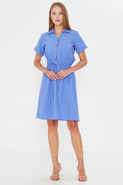 armonika Women's Blue Elastic Waist Short Sleeve Shirt Dress Arm-23Y001035