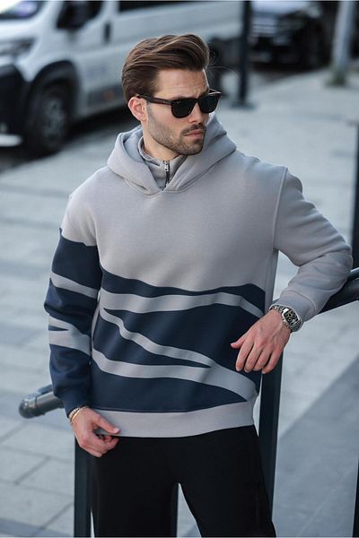 Madmext Painted Gray Hooded Zipper Collar Patterned Men's Sweatshirt E7162