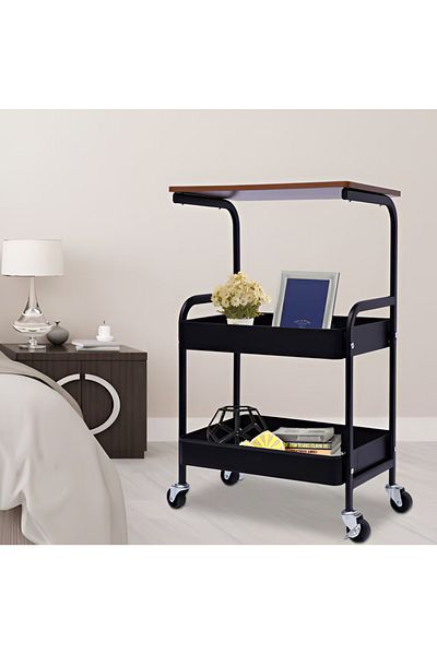 Herum Table with 2 storage shelves, MDF top, wheels, Herum, Black/Brown, 43 x 30 x 77 cm