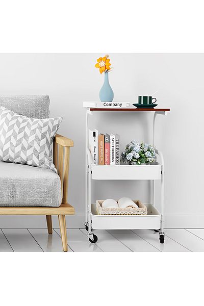 Herum Table with 2 storage shelves, MDF top, wheels, Herum, White/Brown, 43 x 30 x 77 cm