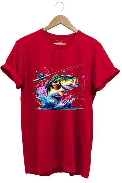 WİDİ Fishing Fishing Colorful Sea Bass Fish Printed Hunting 100% Cotton Regular Fit Unisex T-Shirt