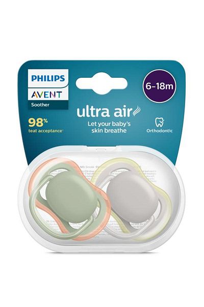 Philips Avent Set 2 pacifiers Philips Avent Ultra Air SCF085/20, Orthodontic, 6-18 months (Green/Gray)