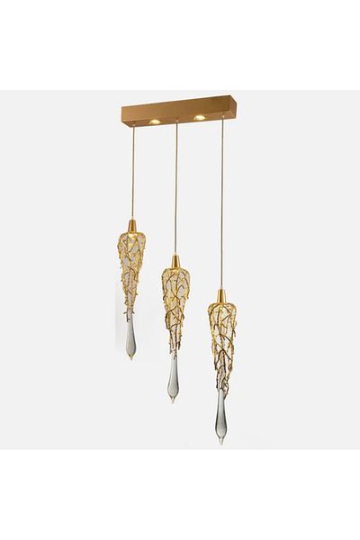 LUXXO Candelabru Oro, 5xGU10, 3 fire suspendate, corp din metal auriu, decoruri din cristal, 50x12x120cm
