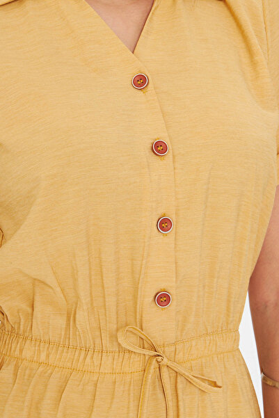 armonika Kadın Sarı Beli Lastikli Kısa Kol Gömlek Elbise ARM-23Y001035