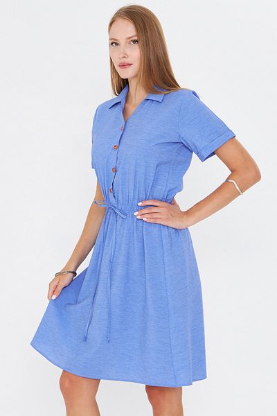 armonika Women's Blue Elastic Waist Short Sleeve Shirt Dress Arm-23Y001035