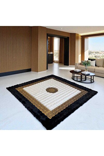deco marié Altın Varaklı Modern Siyah Beyaz Peluş Halı - Üç Renk Yumuşak Otur...
