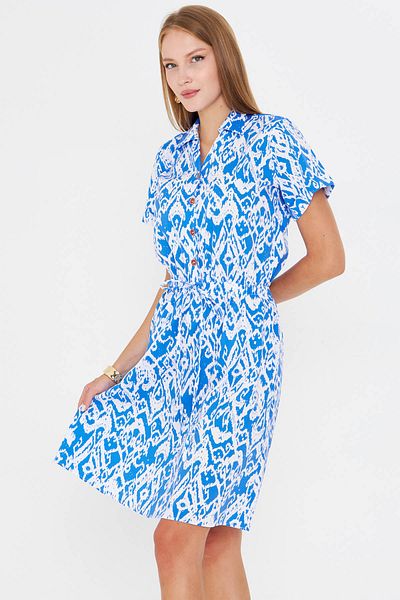 armonika Women's Saks Elastic Waist Patterned Short Sleeve Shirt Dress Arm-23Y001079