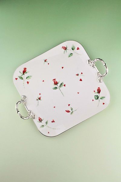 Bursa Porselen Dekor Red Rose Metal Handle Large Size Porcelain Tray