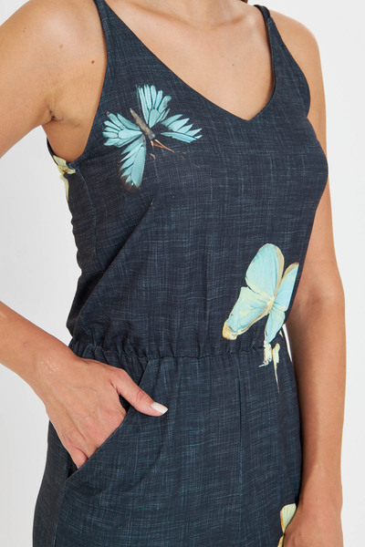 armonika Women's Turquoise Front Back V Strap Jumpsuit with Elastic Waist and Pockets Arm-25Y001035