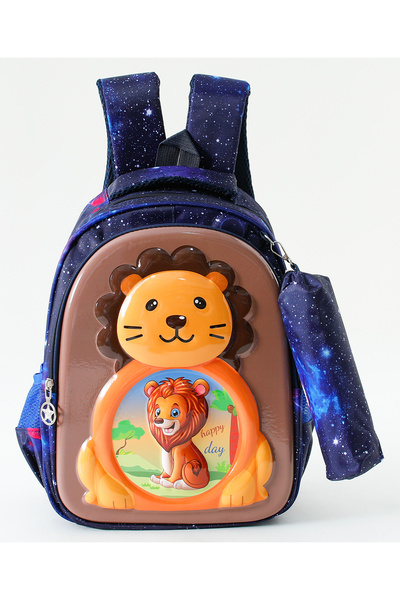 Fab N Funky Kids Backpack with Pencil Pouch, Lion Theme, Padded Straps, Blue - 15 Inches