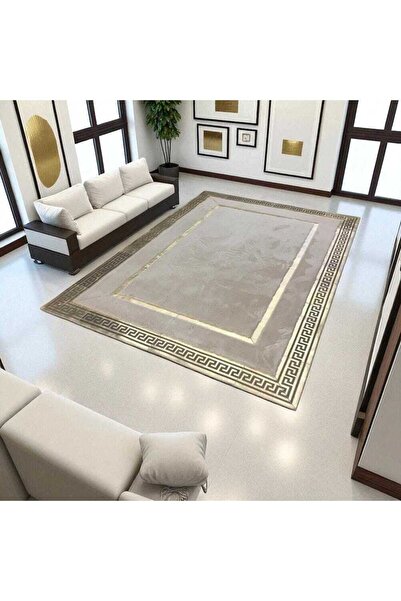 deco marié Altın Detaylı Bej Peluş Halı – El Yapımı Özel Ölçü Yatak Odası Halısı