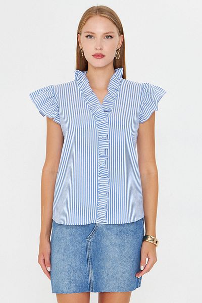 armonika Women's Blue White Collar and Ruffled Sleeves Blouse Arm-25Y001028