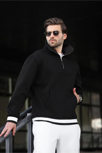 Madmext Siyah Fermuarlı Dik Yaka Kanguru Cep Erkek Sweatshirt E7159