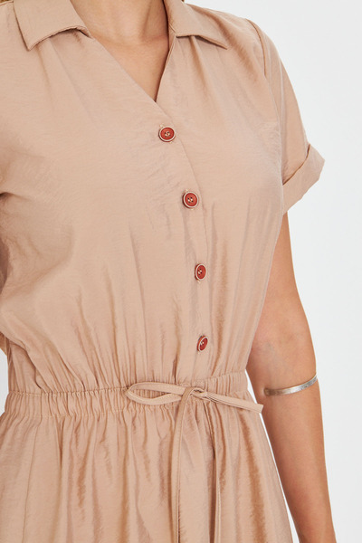 armonika Women's Beige Elastic Waist Short Sleeve Shirt Dress Arm-23Y001035