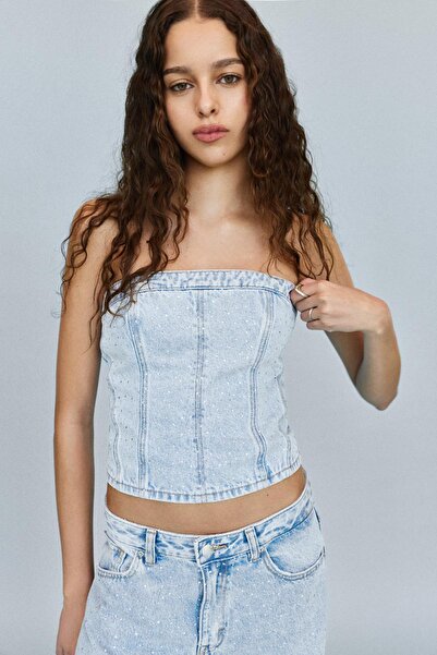 Pull & Bear Denim parıltılı korse tarzı top