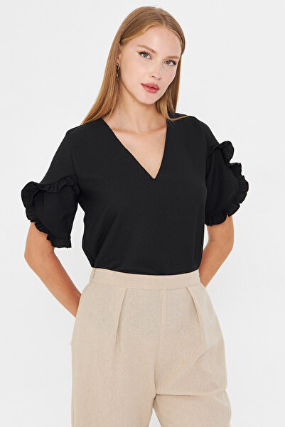 armonika Women Black V Neck Ruffled Short Sleeve Blouse Arm-25Y001090