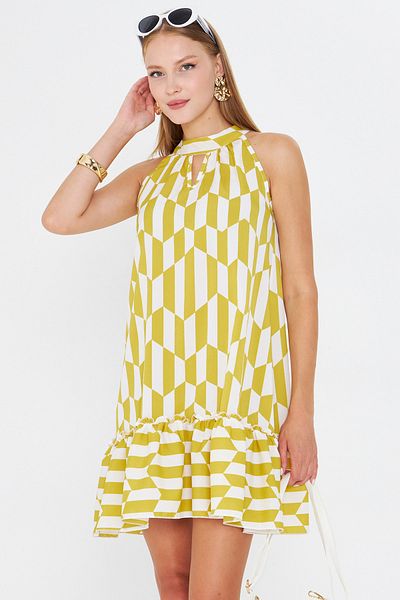 armonika Women's Oil Green Halter Neck Ruffle Hem Mini Dress Arm-25Y001097