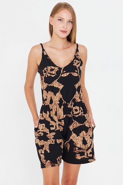 armonika Women's Black-Beige Strap Short Jumpsuit with Elastic Waist and Pockets Arm-25Y001100