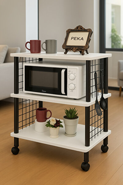 HALL BREATHE Çevir Kur Tekerlekli Çok Amaçlı 3 Raflı Yan Sehpa Beyaz