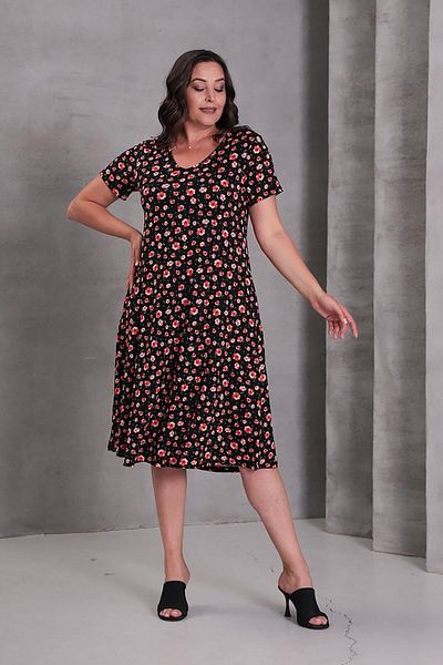 Truva XXL Plus Size V Neck Pocket Flared Skirt Floral Viscose Dress