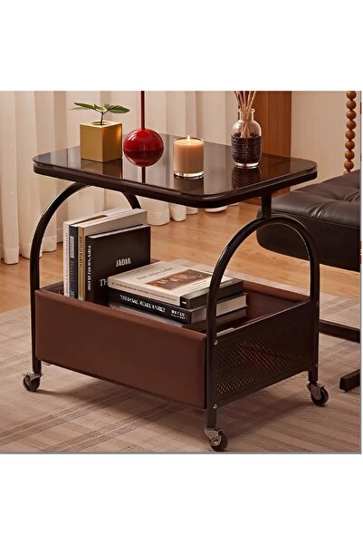 Herum Mobilní konferenční stolek, skleněná deska, kovový rám, úložný prostor, Herum, hnědý, 55 x 36 x 57 cm