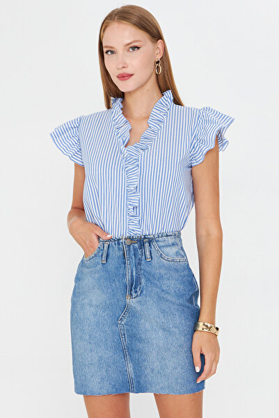 armonika Γυναικεία μπλούζα με μπλε και λευκό γιακά και μανίκια με βολάν ARM-25Y001028