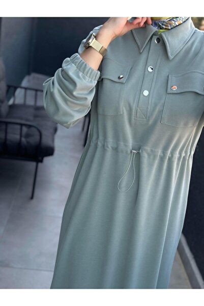İkoll Beli Tünelli Gömlek Yaka Mint Renk Kadın Elbise