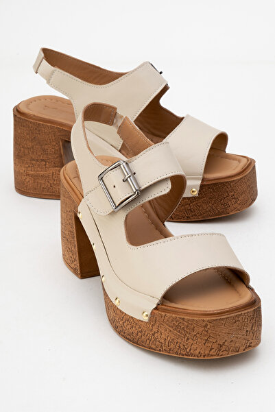 Dericlub Women's Platform Heel Clogs Sandals Real Leather Zy 8247 Beige