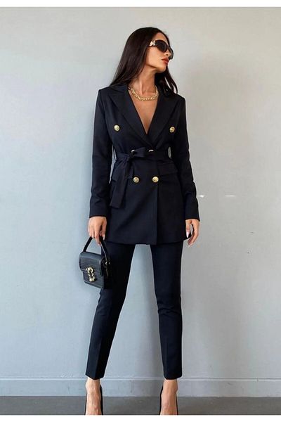 Moda İkra Button Detailed Belted Jacket Trousers Suit