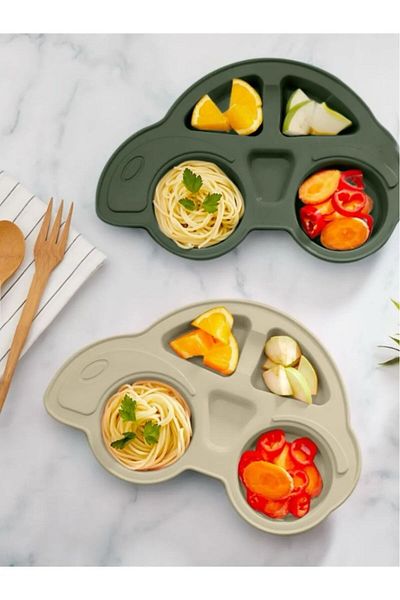 Bayev 2 Pieces Car Model Food Plate - Green and Cream Baby and Child Compartmented Dinner Plate