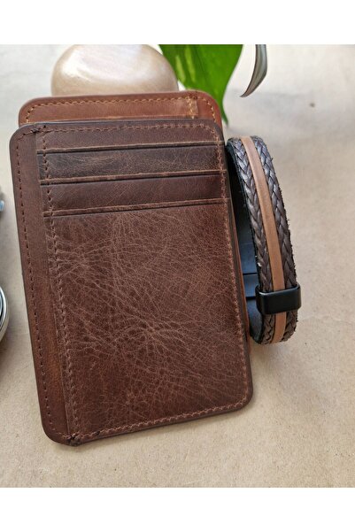 Muhtalif Markalar محفظة Ufuk لحمل البطاقات من الجلد الطبيعي بلون الكستناء، مح...