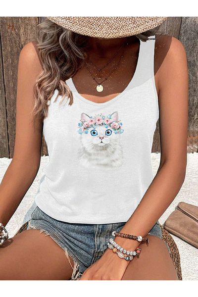 mercoledi Women's Cat Printed Slim Fit Hollow Collar Swimmer Tank Top T-Shirt