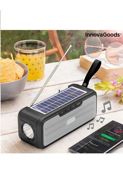 InnovaGoods Difuzor bluetooth cu incarcare solara, radio, hands-free, Intrare USB, AUX, microSD si lanterna LED