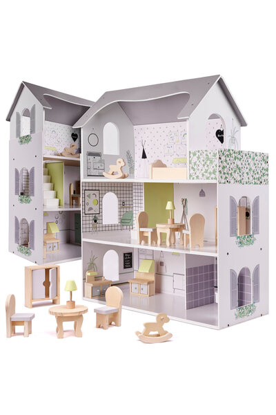Ikonka Wooden dollhouse with furniture, 70 cm, gray
