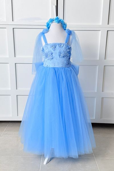 modabesta 3D Floral Long Girl's Evening Dress and Party Dress with Blue Crown Gift
