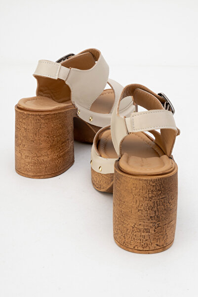 Dericlub Women's Platform Heel Clogs Sandals Real Leather Zy 8247 Beige