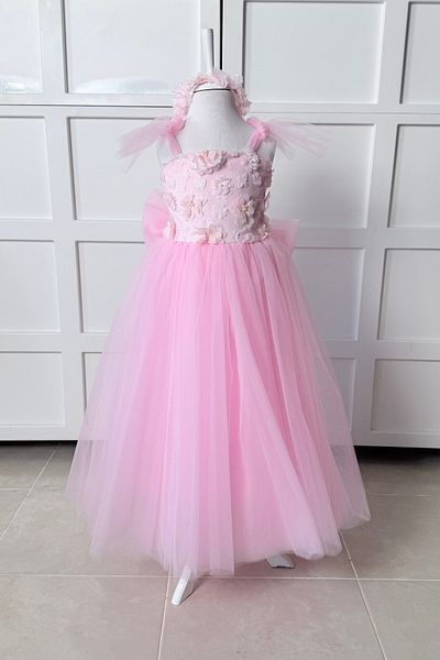 modabesta Pink Crown Gifted 3D Floral Long Girl's Evening Dress and Party Dress