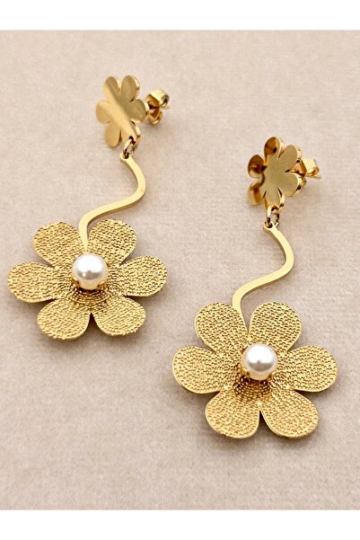 Siya Silver Çift Papatyalı İncili Uzun Sallantılı Çelik Küpe